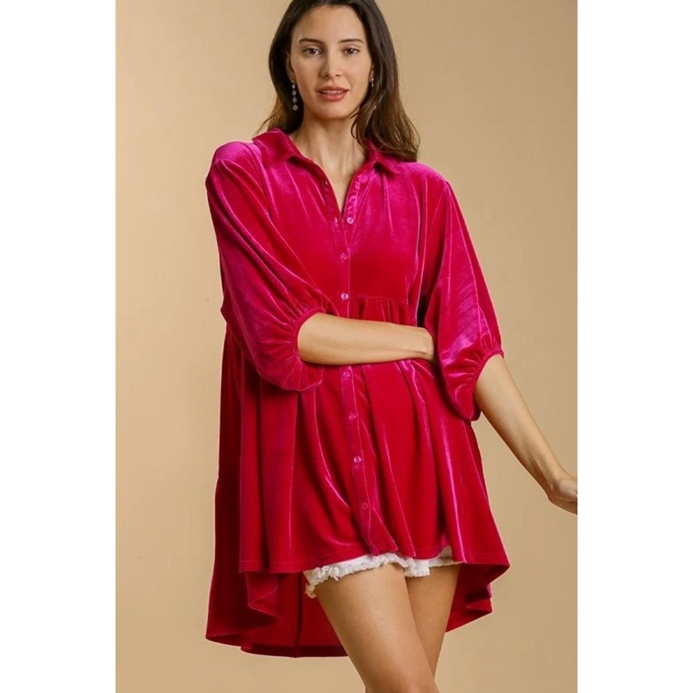 Umgee Velvet Tunic Top Raspberry Pink Babydoll Tiered High Low‎ Plus Size 1XL